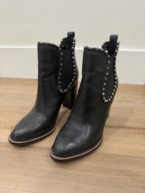 Women's Black Studded Leather Ankle Boot - Fashion Heel